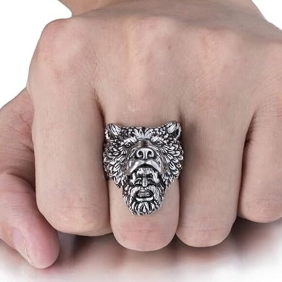 Man Warrior Silver Black Titanium Biker Ring Charm Jewelry